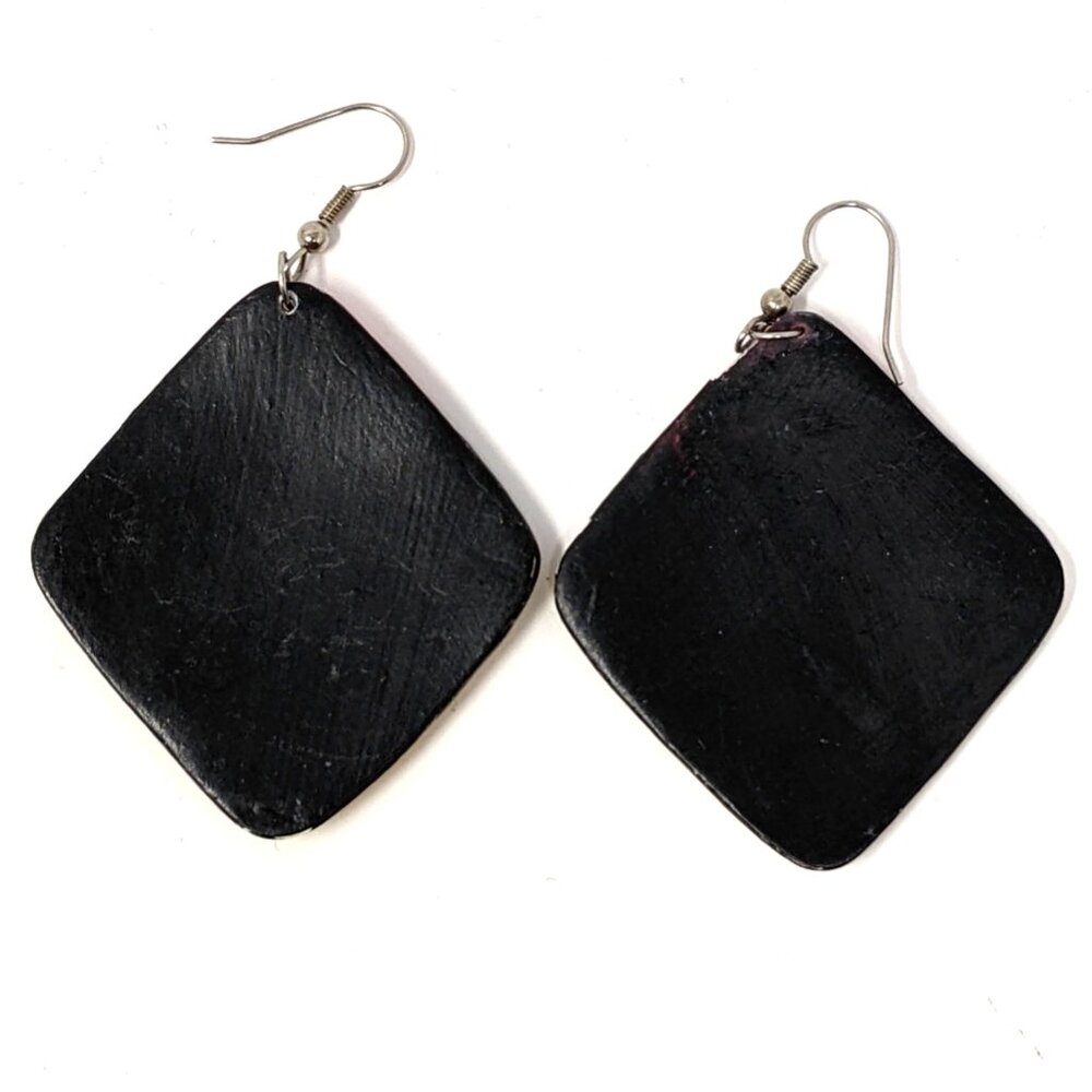 Artisan Painted Wood Dangle Earrings 80s Ethnic Tribal Mask 2" Vintage Festival - Picture 6 of 9